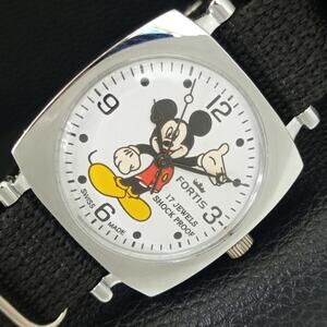 Vintage 1980 Disney Fortis Manual Mens Silver Watch W/Nato Strap & Mickey accent